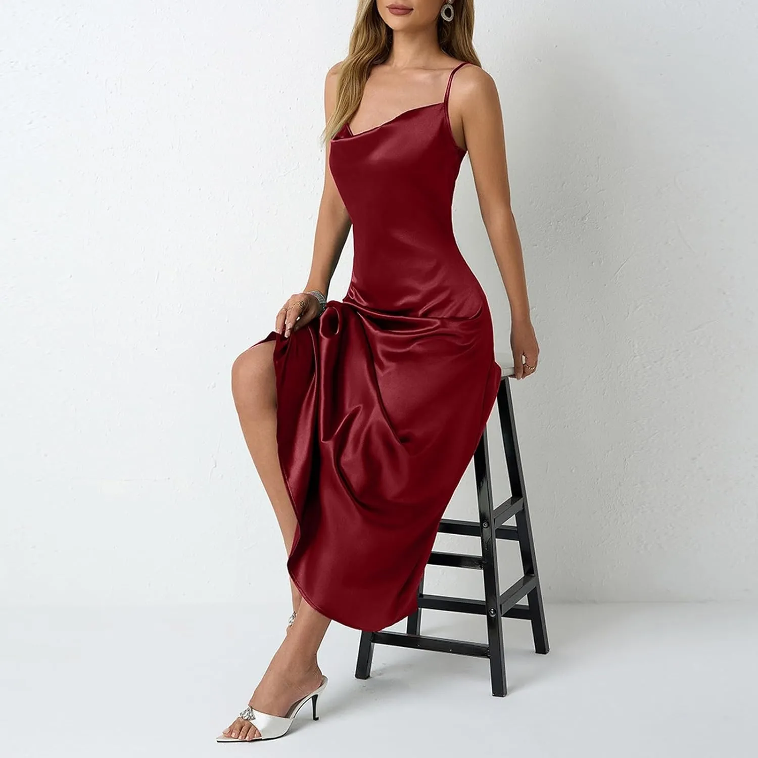 Satin Cocktail Dresses for Women 2025 Long Maxi Coctail Slip Dress Sleeveless Cowl Neck Adjustable Spaghetti Strap Dress