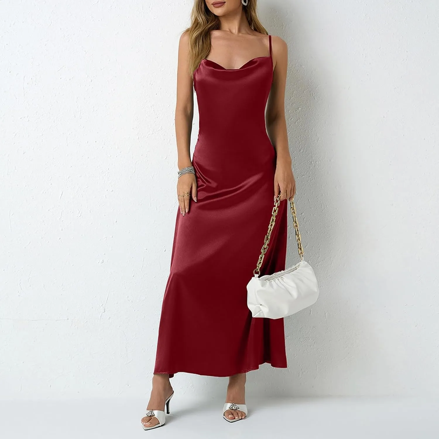 Satin Cocktail Dresses for Women 2025 Long Maxi Coctail Slip Dress Sleeveless Cowl Neck Adjustable Spaghetti Strap Dress