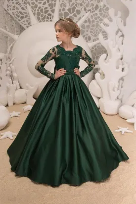 Satin Dark Green Jewel Lace Backless Flower Girl Dresses With Bow| Long Sleeves Floor Length Girl Party Dresses