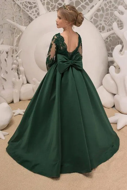 Satin Dark Green Jewel Lace Backless Flower Girl Dresses With Bow| Long Sleeves Floor Length Girl Party Dresses