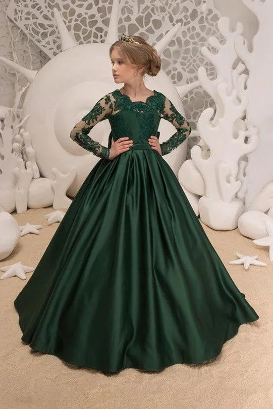 Satin Dark Green Jewel Lace Backless Flower Girl Dresses With Bow| Long Sleeves Floor Length Girl Party Dresses