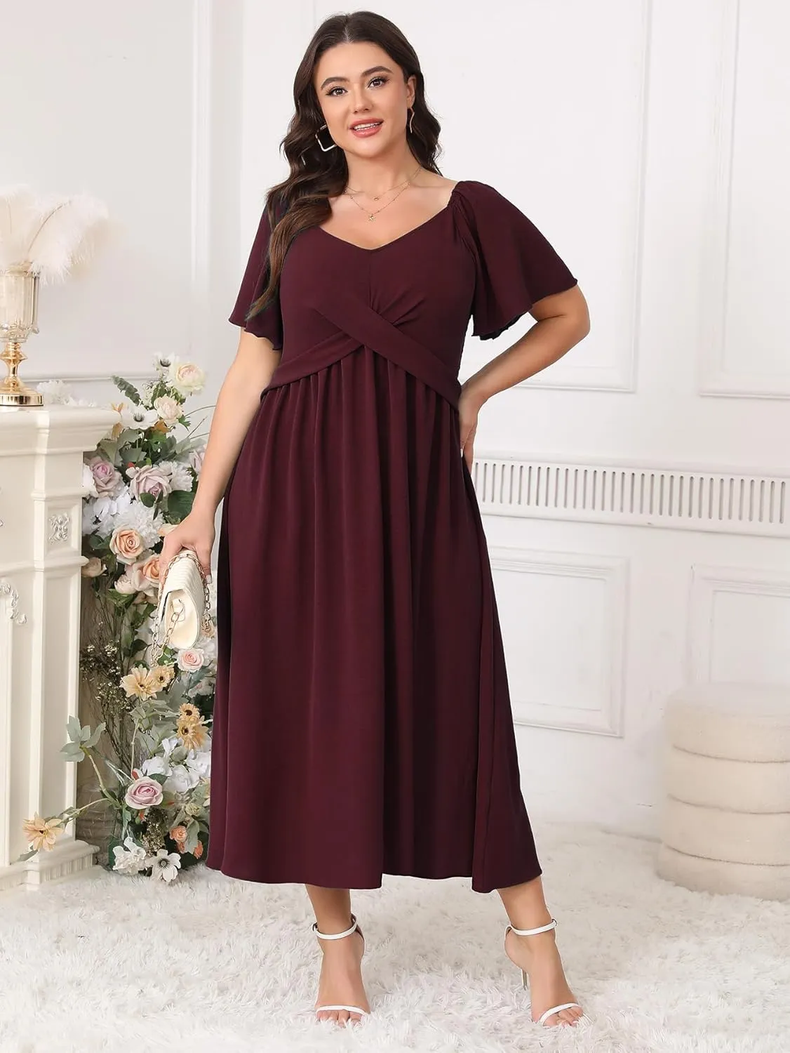 SCOMCHIC Women Plus Size Midi Dresses Short Sleeve V Neck Twist Front Summer Wedding Guest Smocked Flowy A Line Dress