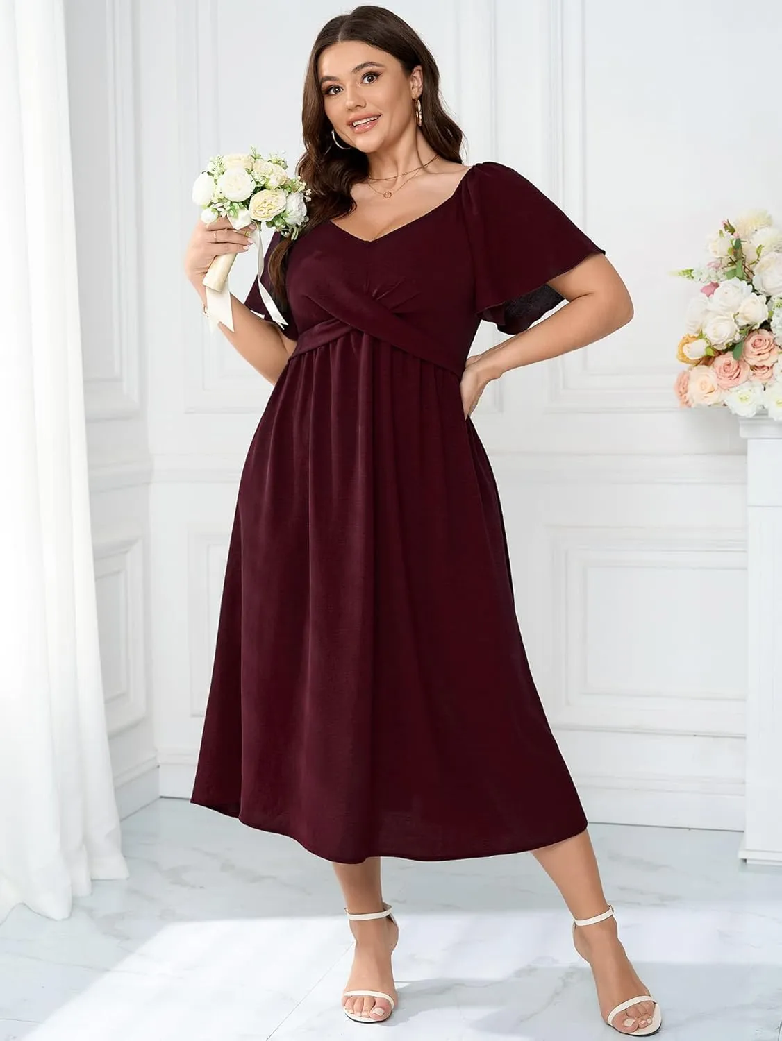 SCOMCHIC Women Plus Size Midi Dresses Short Sleeve V Neck Twist Front Summer Wedding Guest Smocked Flowy A Line Dress