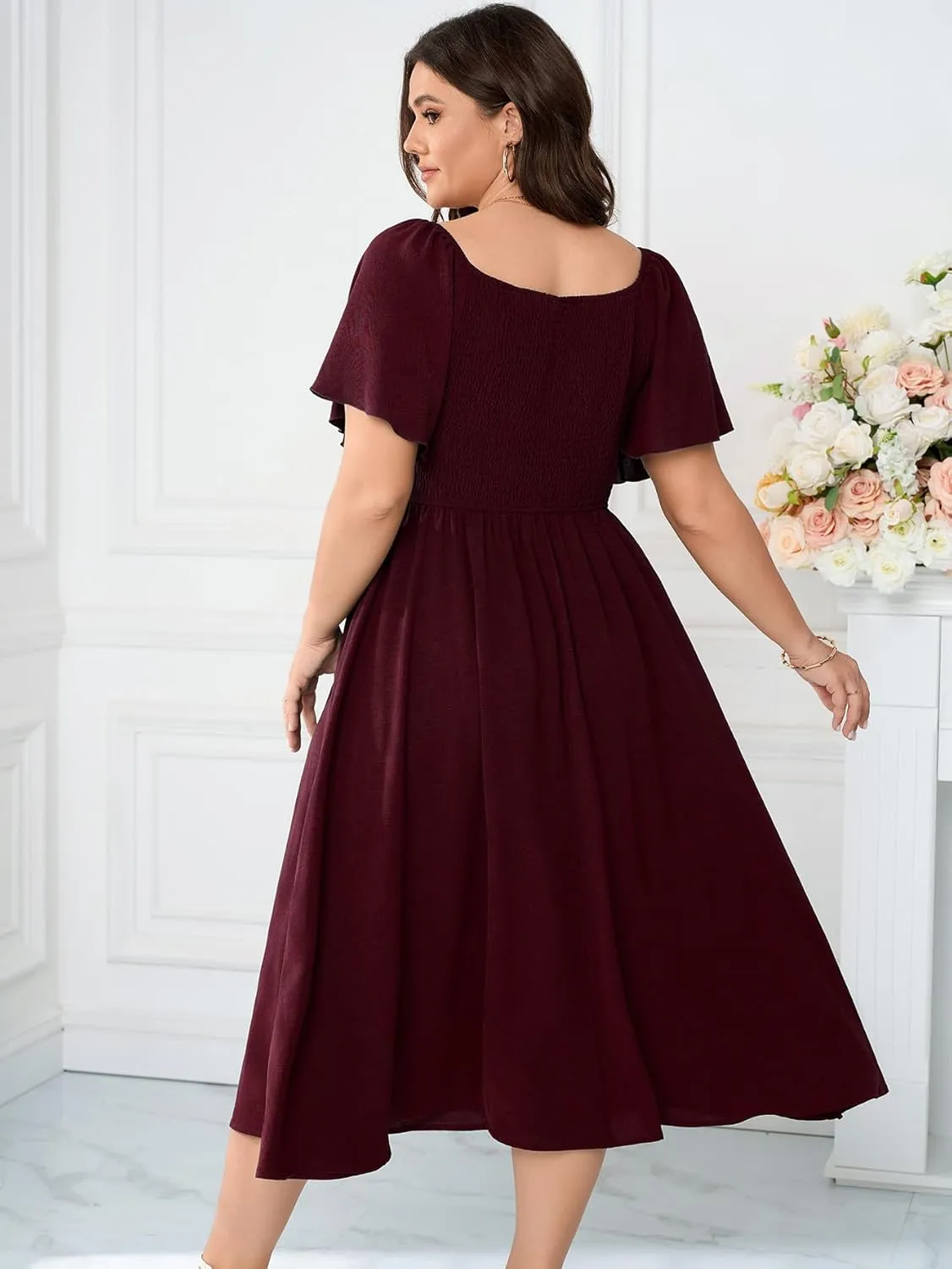 SCOMCHIC Women Plus Size Midi Dresses Short Sleeve V Neck Twist Front Summer Wedding Guest Smocked Flowy A Line Dress