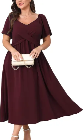 SCOMCHIC Women Plus Size Midi Dresses Short Sleeve V Neck Twist Front Summer Wedding Guest Smocked Flowy A Line Dress
