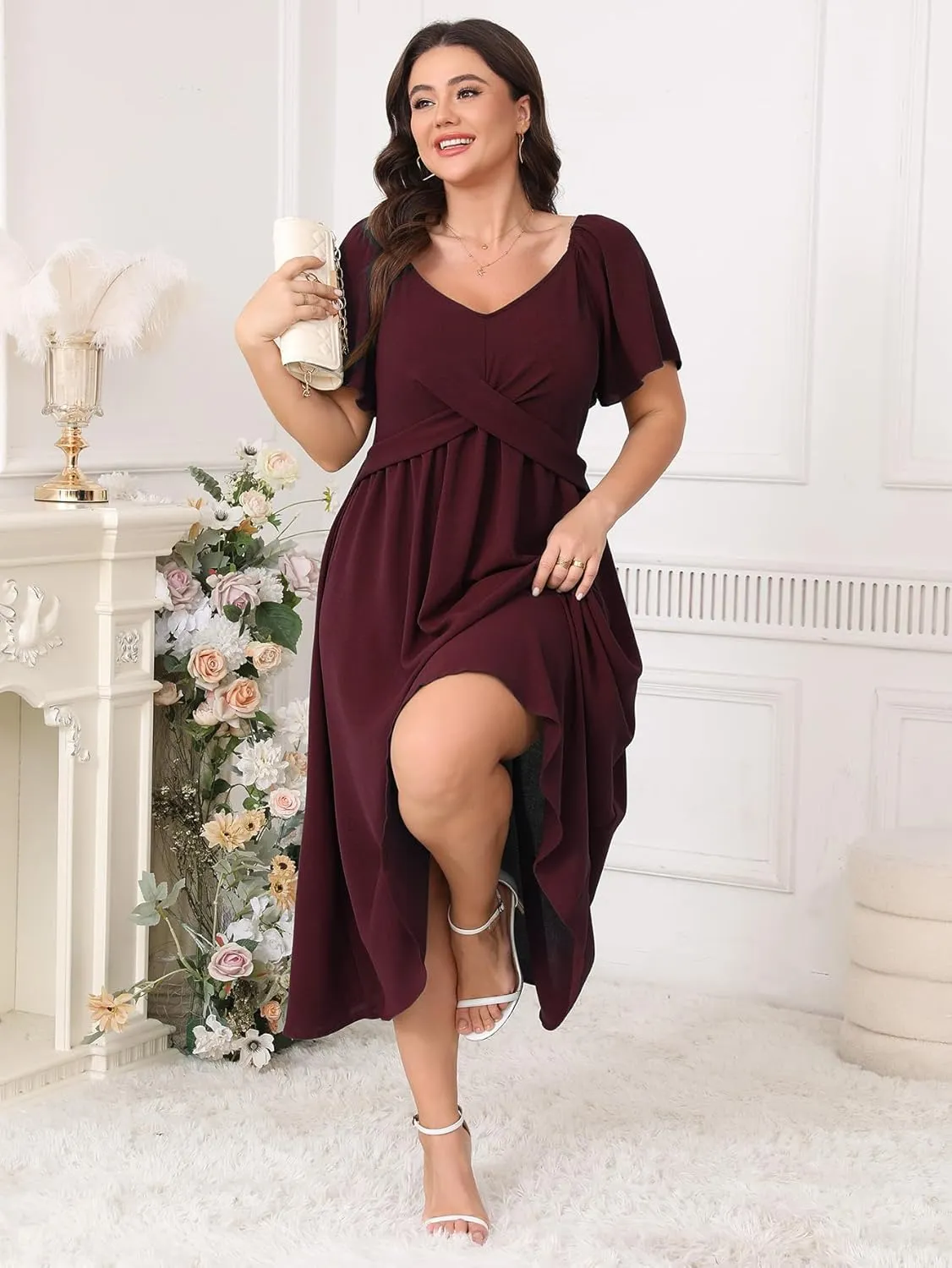 SCOMCHIC Women Plus Size Midi Dresses Short Sleeve V Neck Twist Front Summer Wedding Guest Smocked Flowy A Line Dress