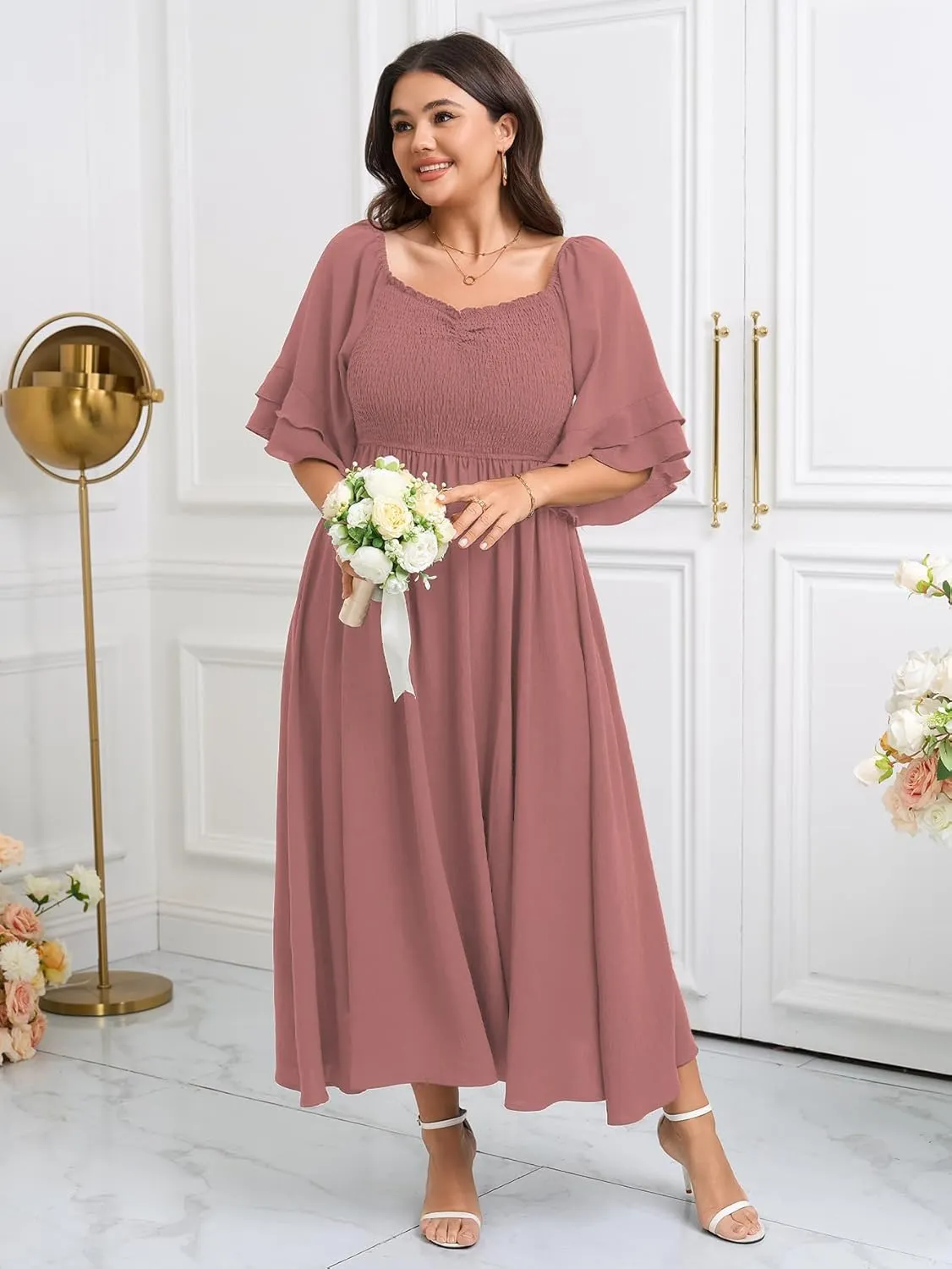 SCOMCHIC Womens Plus Size Maxi Dresses Smocked Square Neck Short Sleeve Wedding Guest Formal Flowy A-Line Long Dress