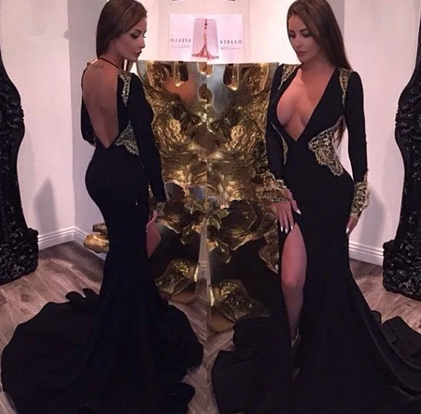 Sexy Gold and Black Long Sleeve Prom Dresses Mermaid Deep V-neck BA2555 BK0