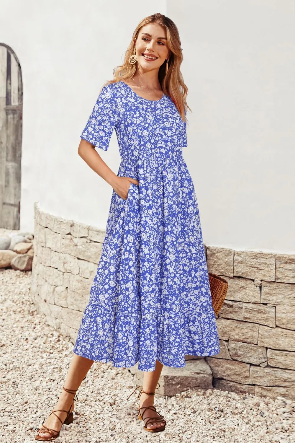 STYLEWORD Women's Summer 2025 Casual Short Sleeve Tiered Flowy Spring Dress Long Midi Beach Sundress Vacation Outfits