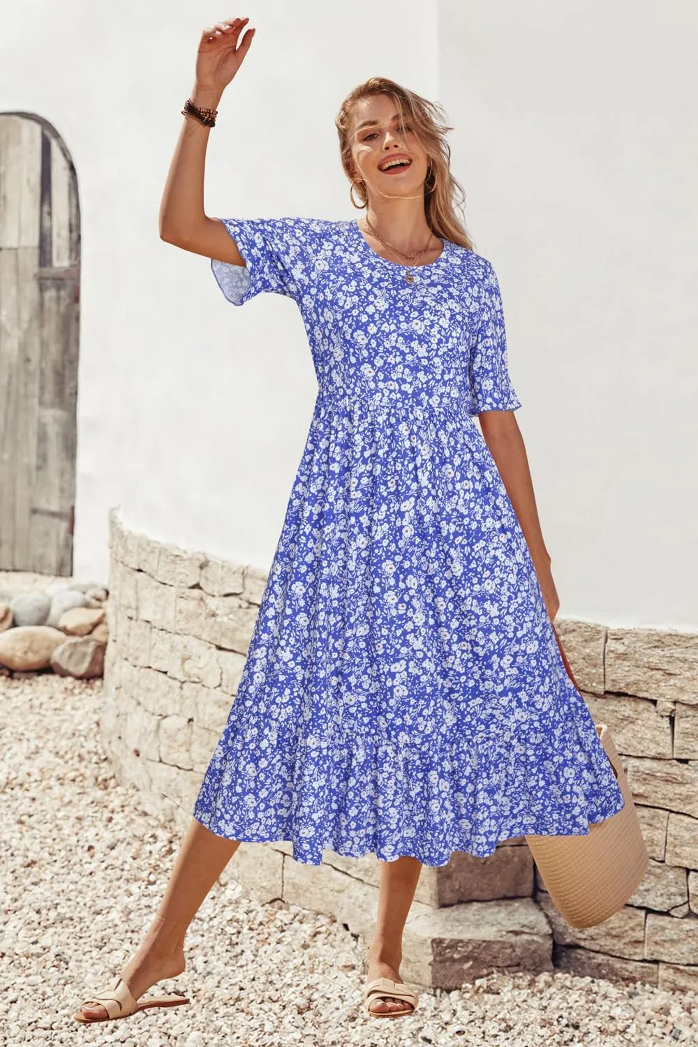 STYLEWORD Women's Summer 2025 Casual Short Sleeve Tiered Flowy Spring Dress Long Midi Beach Sundress Vacation Outfits