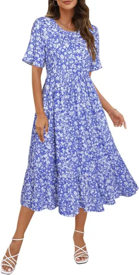 STYLEWORD Women's Summer 2025 Casual Short Sleeve Tiered Flowy Spring Dress Long Midi Beach Sundress Vacation Outfits
