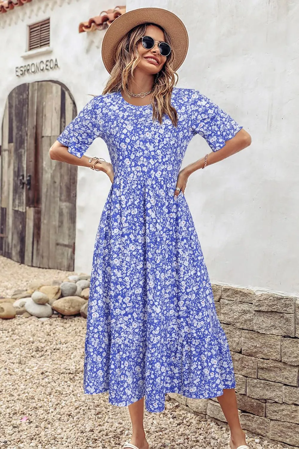 STYLEWORD Women's Summer 2025 Casual Short Sleeve Tiered Flowy Spring Dress Long Midi Beach Sundress Vacation Outfits