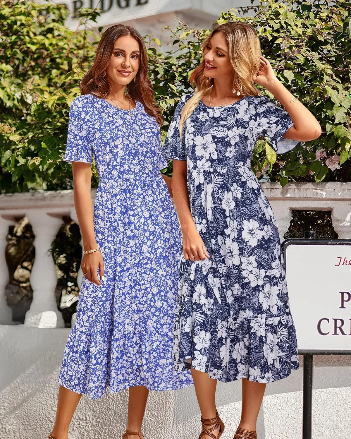 STYLEWORD Women's Summer 2025 Casual Short Sleeve Tiered Flowy Spring Dress Long Midi Beach Sundress Vacation Outfits