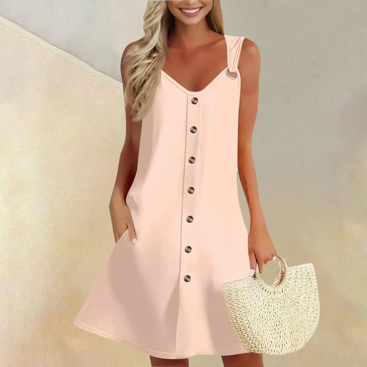 Sundress for Women Sleeveless Tank Dresses 2025 Vacation Plus Size Casual Button V Neck Boho Floral Beach Dress