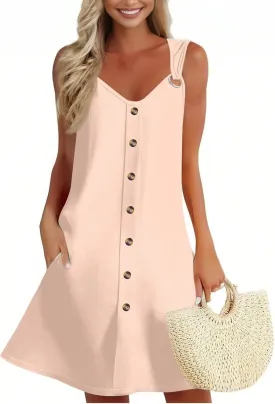 Sundress for Women Sleeveless Tank Dresses 2025 Vacation Plus Size Casual Button V Neck Boho Floral Beach Dress