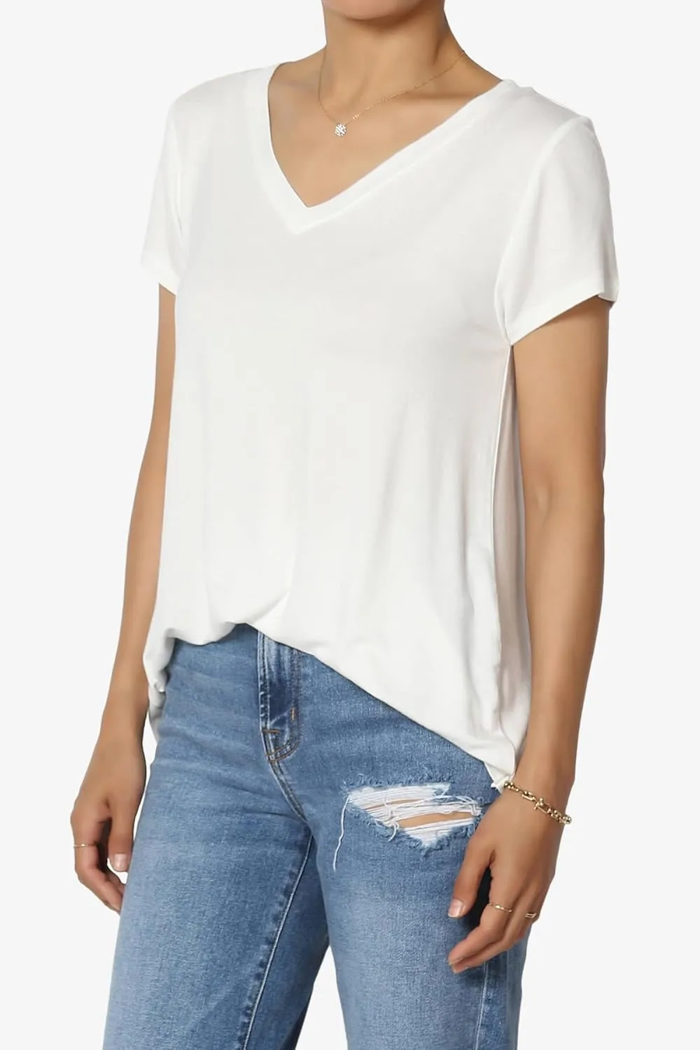 TheMogan Women's Casual V-Neck Short Sleeve T-Shirt Soft Drapey Jersey Relaxed Top Perfect Tee
