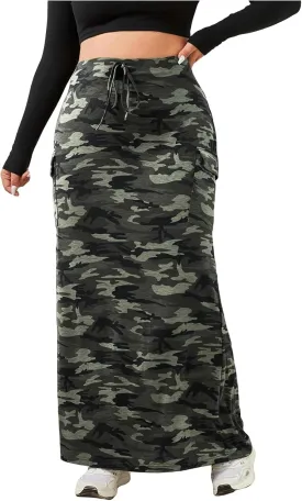 Verdusa Women's Plus Size Casual Drawstring High Waist Camo Print Bodycon Long Skirt