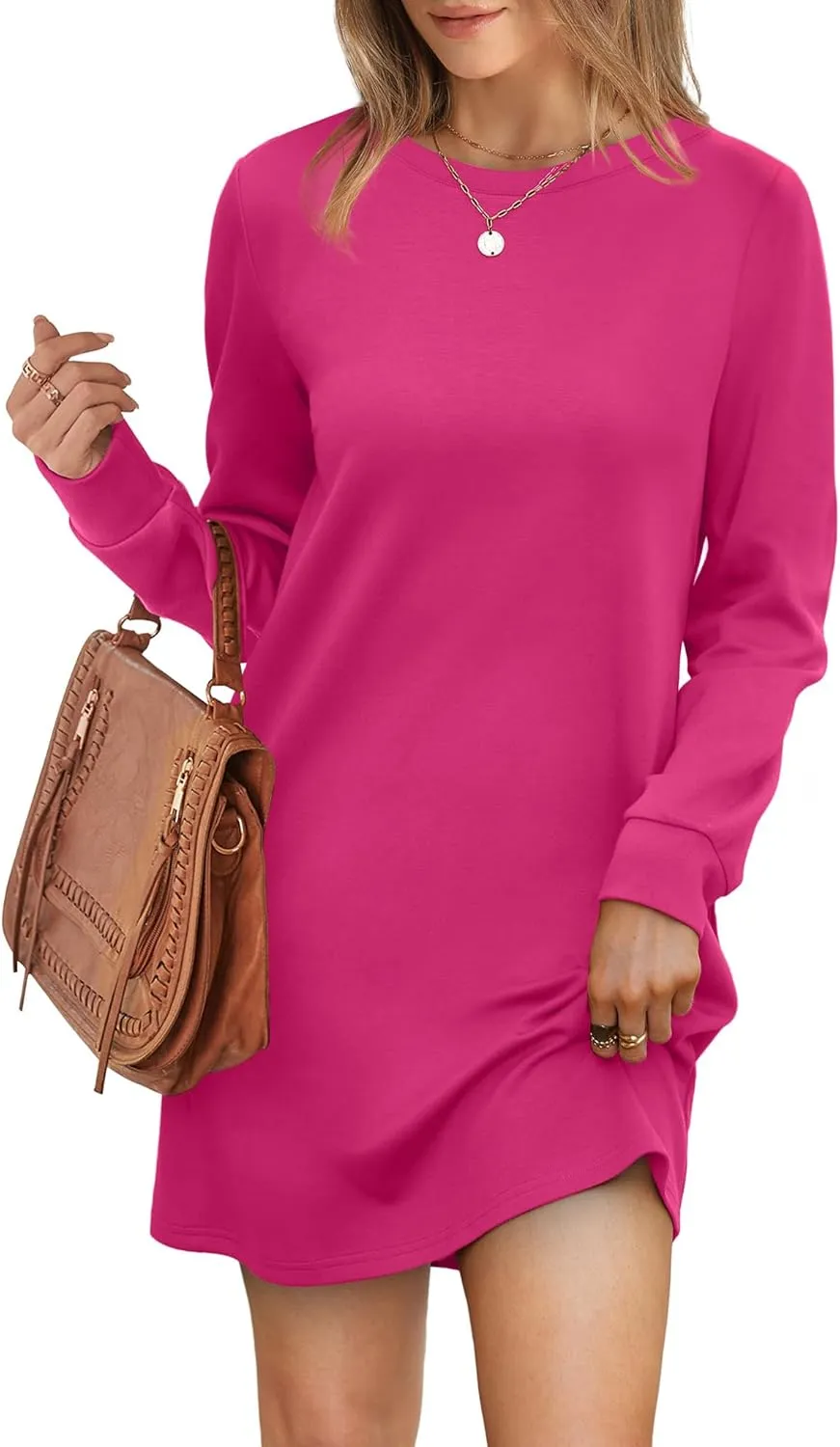 WIHOLL Dresses for Women Long Sleeve Casual Loose Fit Fall Fashion Crewneck Mini Dress with Pockets