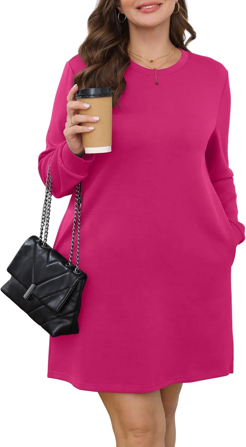 WIHOLL Dresses for Women Long Sleeve Casual Loose Fit Fall Fashion Crewneck Mini Dress with Pockets