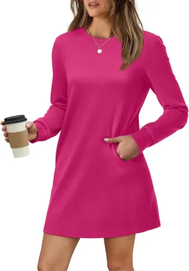 WIHOLL Dresses for Women Long Sleeve Casual Loose Fit Fall Fashion Crewneck Mini Dress with Pockets