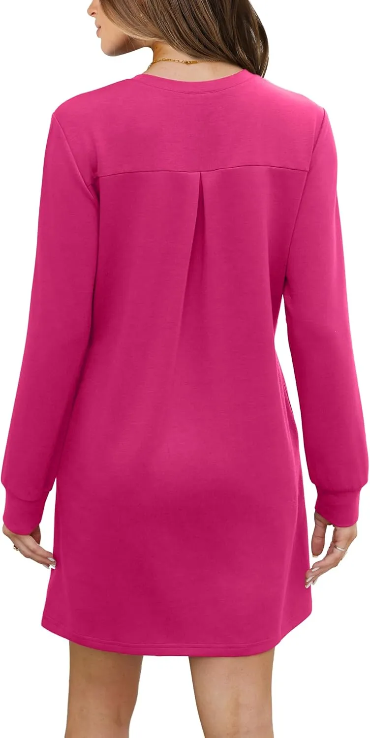 WIHOLL Dresses for Women Long Sleeve Casual Loose Fit Fall Fashion Crewneck Mini Dress with Pockets