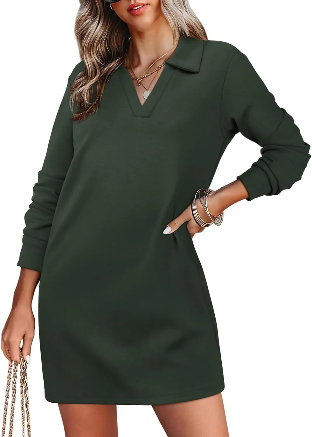 WIHOLL Womens Long Sleeve Lapel Collared V Neck Sweatshirt Dress Loose Fit Solid Color Mini Dresses Fall 2024
