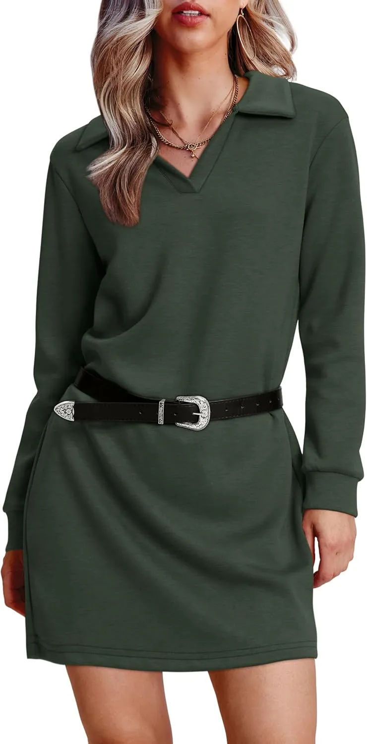 WIHOLL Womens Long Sleeve Lapel Collared V Neck Sweatshirt Dress Loose Fit Solid Color Mini Dresses Fall 2024