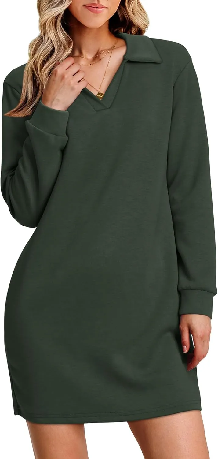 WIHOLL Womens Long Sleeve Lapel Collared V Neck Sweatshirt Dress Loose Fit Solid Color Mini Dresses Fall 2024