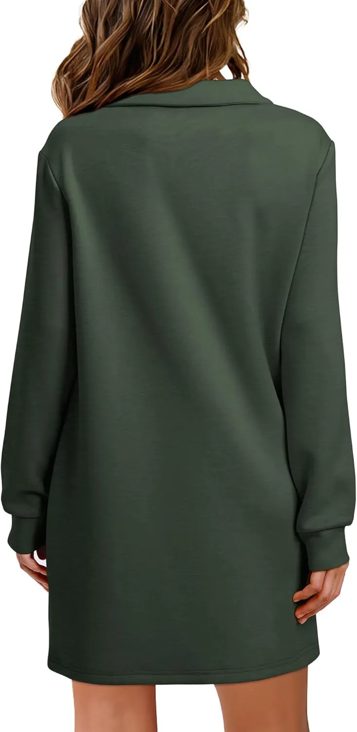 WIHOLL Womens Long Sleeve Lapel Collared V Neck Sweatshirt Dress Loose Fit Solid Color Mini Dresses Fall 2024