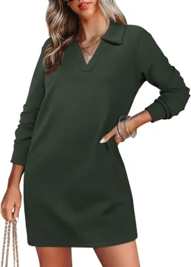 WIHOLL Womens Long Sleeve Lapel Collared V Neck Sweatshirt Dress Loose Fit Solid Color Mini Dresses Fall 2024