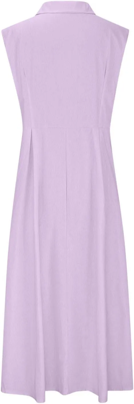 Women Casual Cotton Linen Shirt Dress Summer Sleeveless Button Down A Line Dress V Neck Work Collared Flowy Sundress