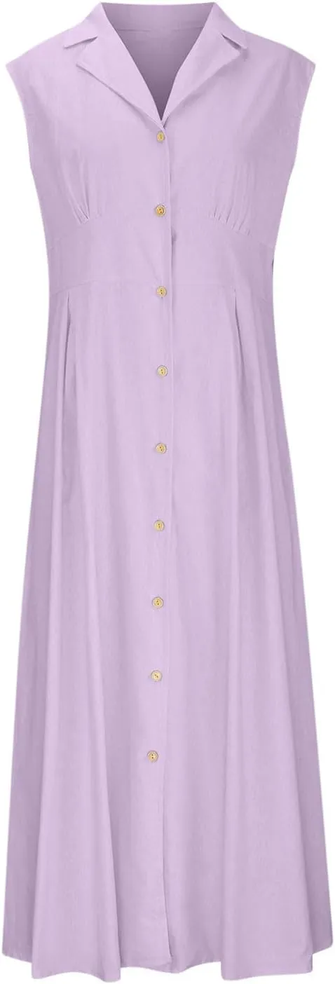 Women Casual Cotton Linen Shirt Dress Summer Sleeveless Button Down A Line Dress V Neck Work Collared Flowy Sundress