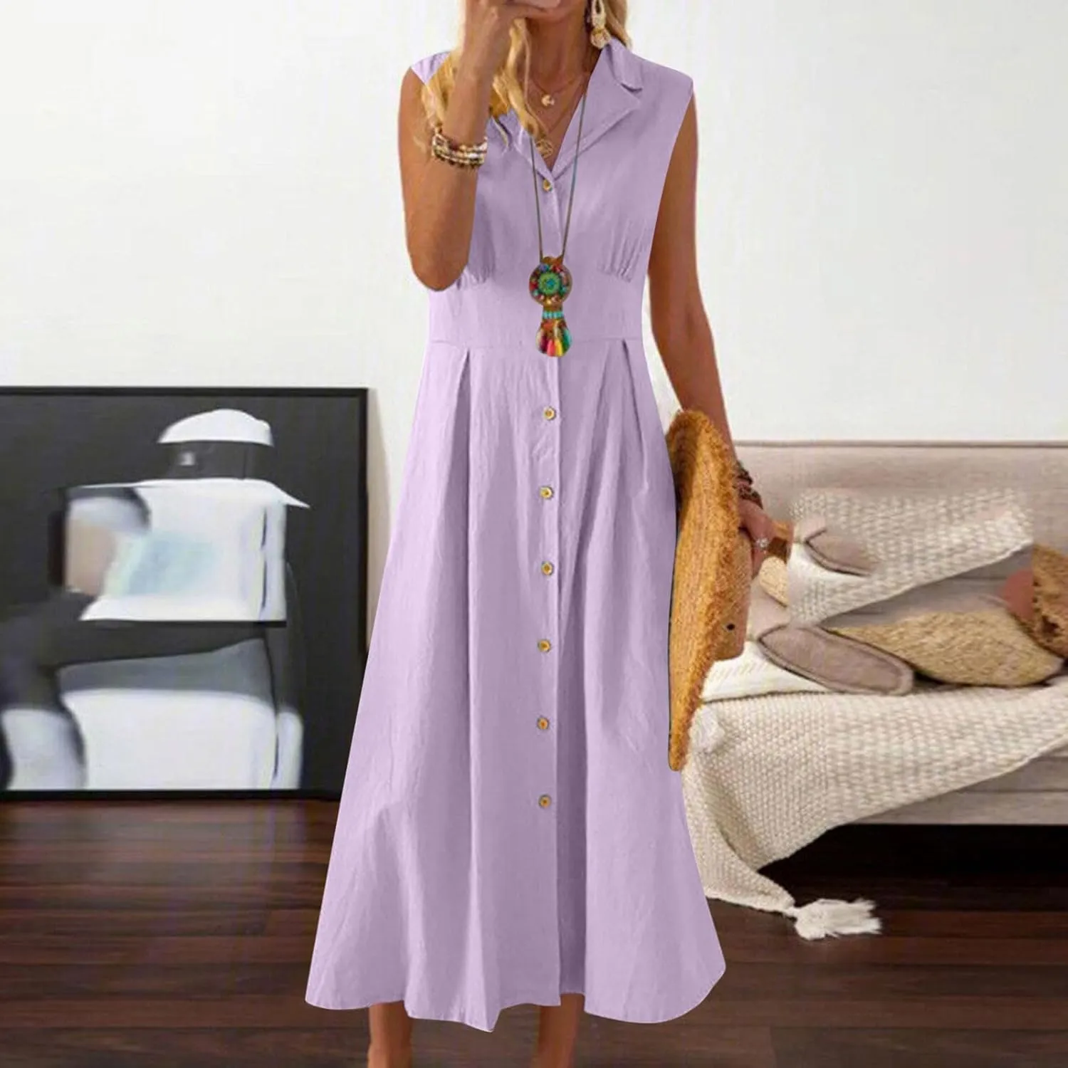 Women Casual Cotton Linen Shirt Dress Summer Sleeveless Button Down A Line Dress V Neck Work Collared Flowy Sundress
