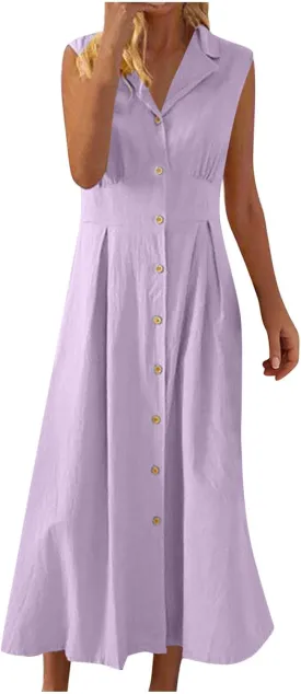 Women Casual Cotton Linen Shirt Dress Summer Sleeveless Button Down A Line Dress V Neck Work Collared Flowy Sundress