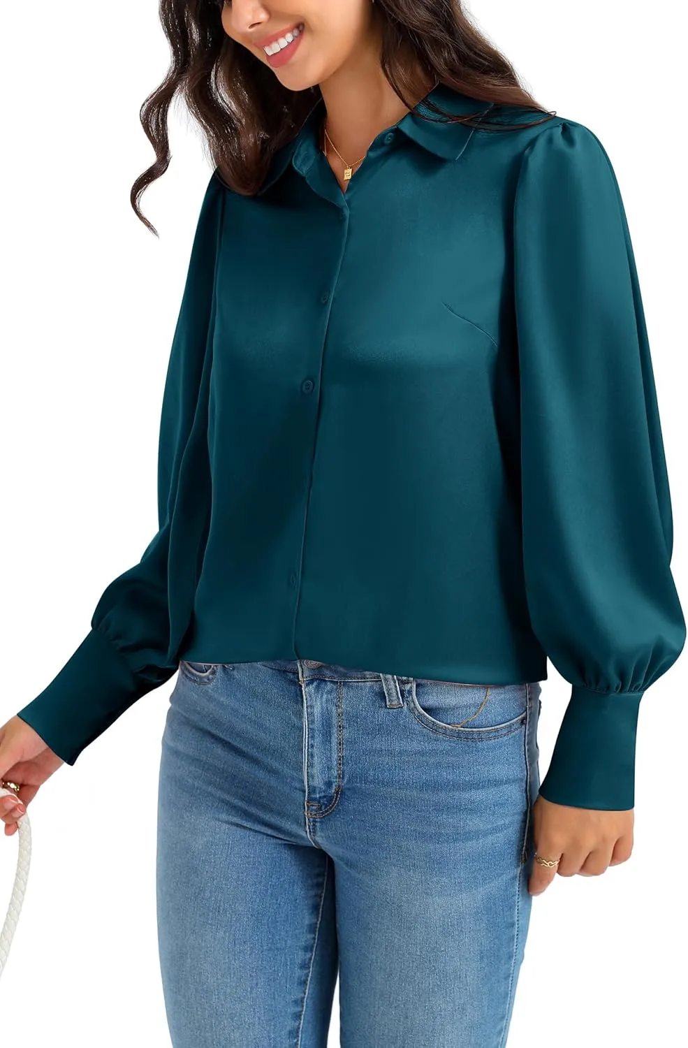 Women Satin Button Down Shirts Lantern Long Sleeve Silk Blouses Office Casual Business Silk Tops
