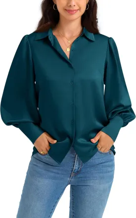 Women Satin Button Down Shirts Lantern Long Sleeve Silk Blouses Office Casual Business Silk Tops