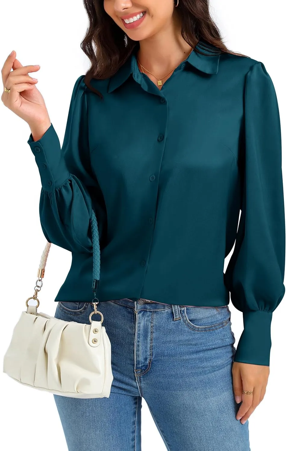 Women Satin Button Down Shirts Lantern Long Sleeve Silk Blouses Office Casual Business Silk Tops