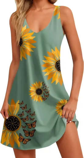 Women Summer Dresses Printed Casual Sundress Vacation Sleeveless Swimsuit Coverup 2025 V Neck Dress with Pocket