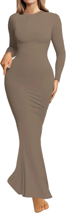 Womens Bodycon Maxi Dresses Sexy Crew Neck Dresses Long Sleeve Ribbed Black Dress Elegant Lounge Fall Long Dresses