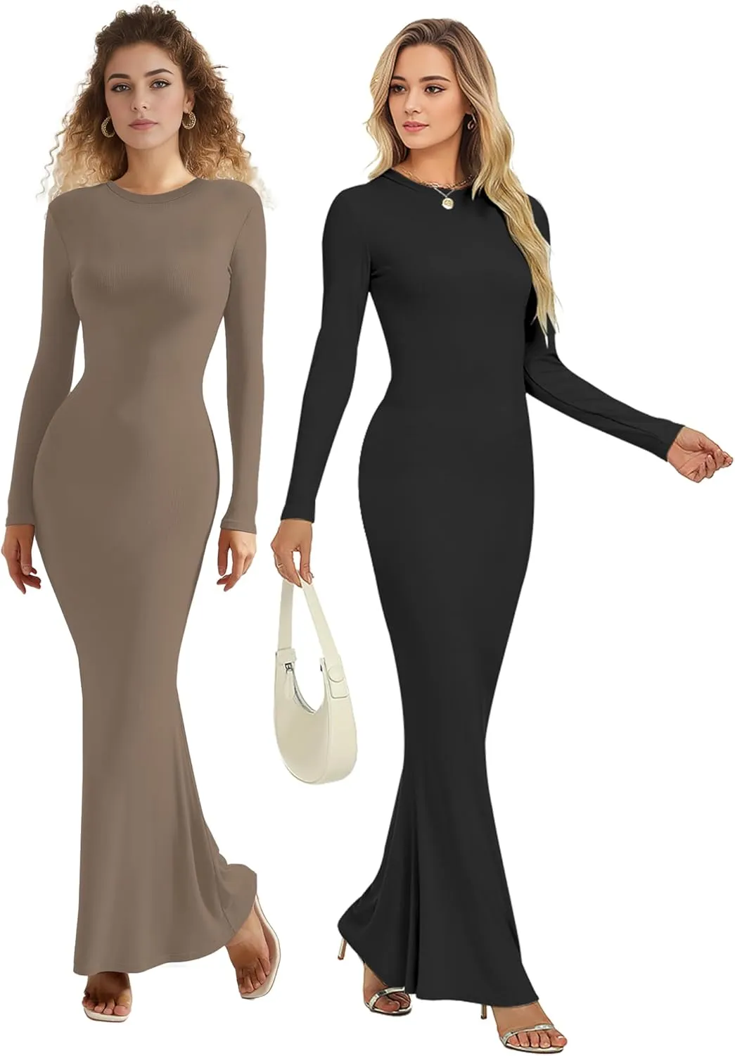 Womens Bodycon Maxi Dresses Sexy Crew Neck Dresses Long Sleeve Ribbed Black Dress Elegant Lounge Fall Long Dresses