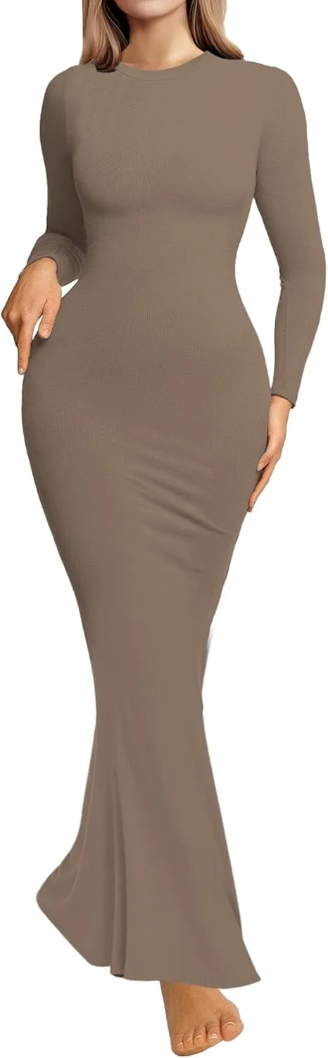 Womens Bodycon Maxi Dresses Sexy Crew Neck Dresses Long Sleeve Ribbed Black Dress Elegant Lounge Fall Long Dresses