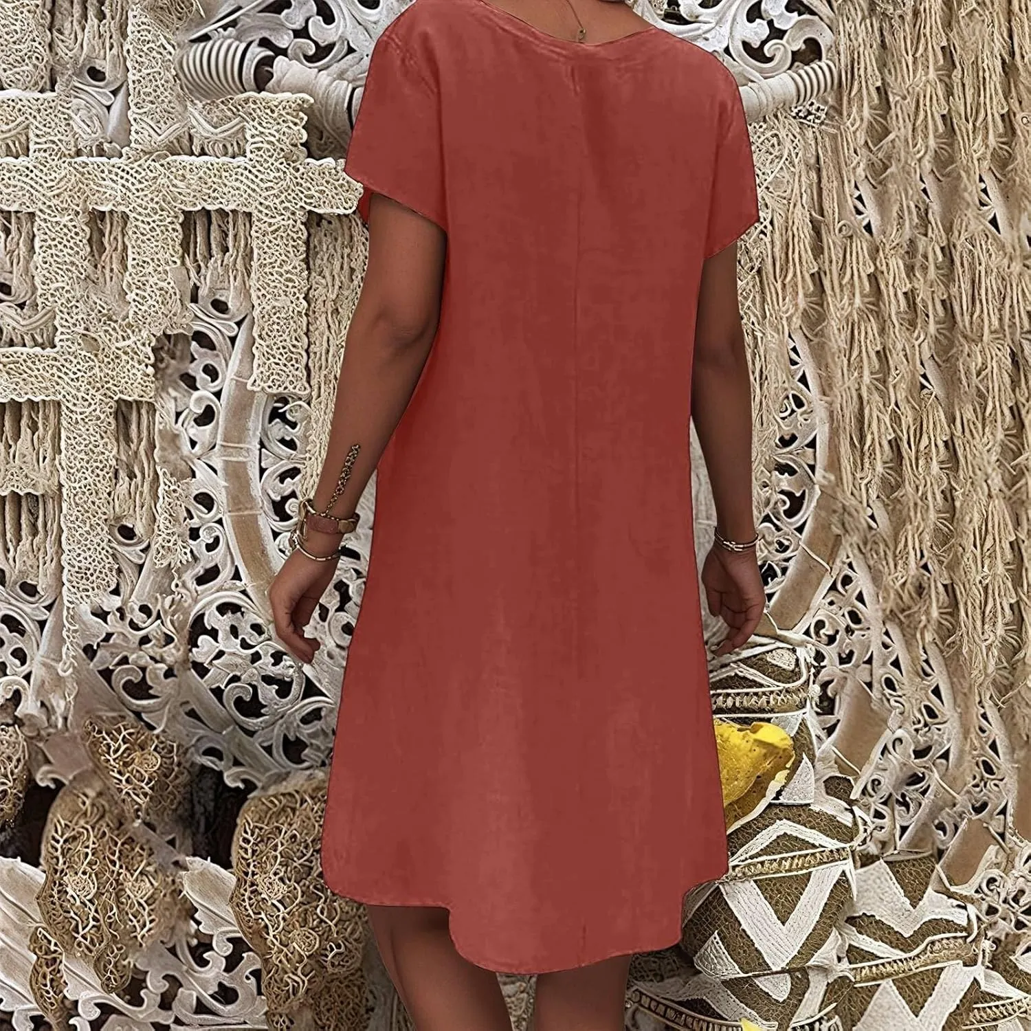 Women's Casual V Neck Button Dress Summer Daily Wear Versatile Outfit with Jeans Comfortable Breathable Fabric