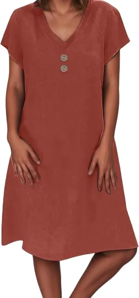 Women's Casual V Neck Button Dress Summer Daily Wear Versatile Outfit with Jeans Comfortable Breathable Fabric