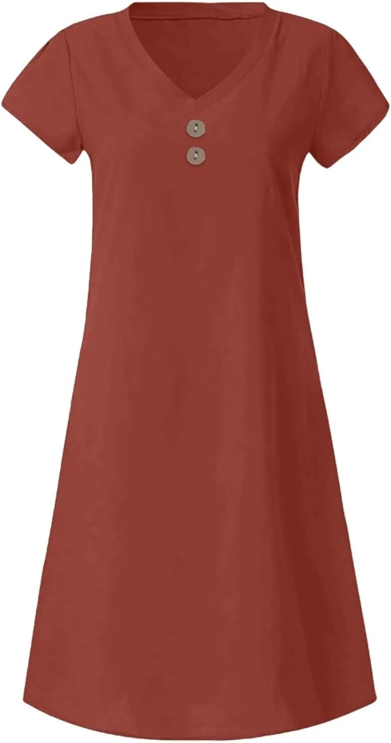 Women's Casual V Neck Button Dress Summer Daily Wear Versatile Outfit with Jeans Comfortable Breathable Fabric