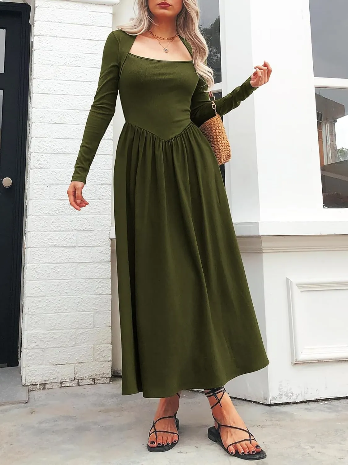 Women's Long Sleeve Maxi Dress Cotton Square Neck Casual Slim Solid Fall Winter Flowy Long Dresses with Pockets