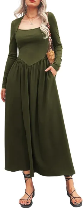 Women's Long Sleeve Maxi Dress Cotton Square Neck Casual Slim Solid Fall Winter Flowy Long Dresses with Pockets