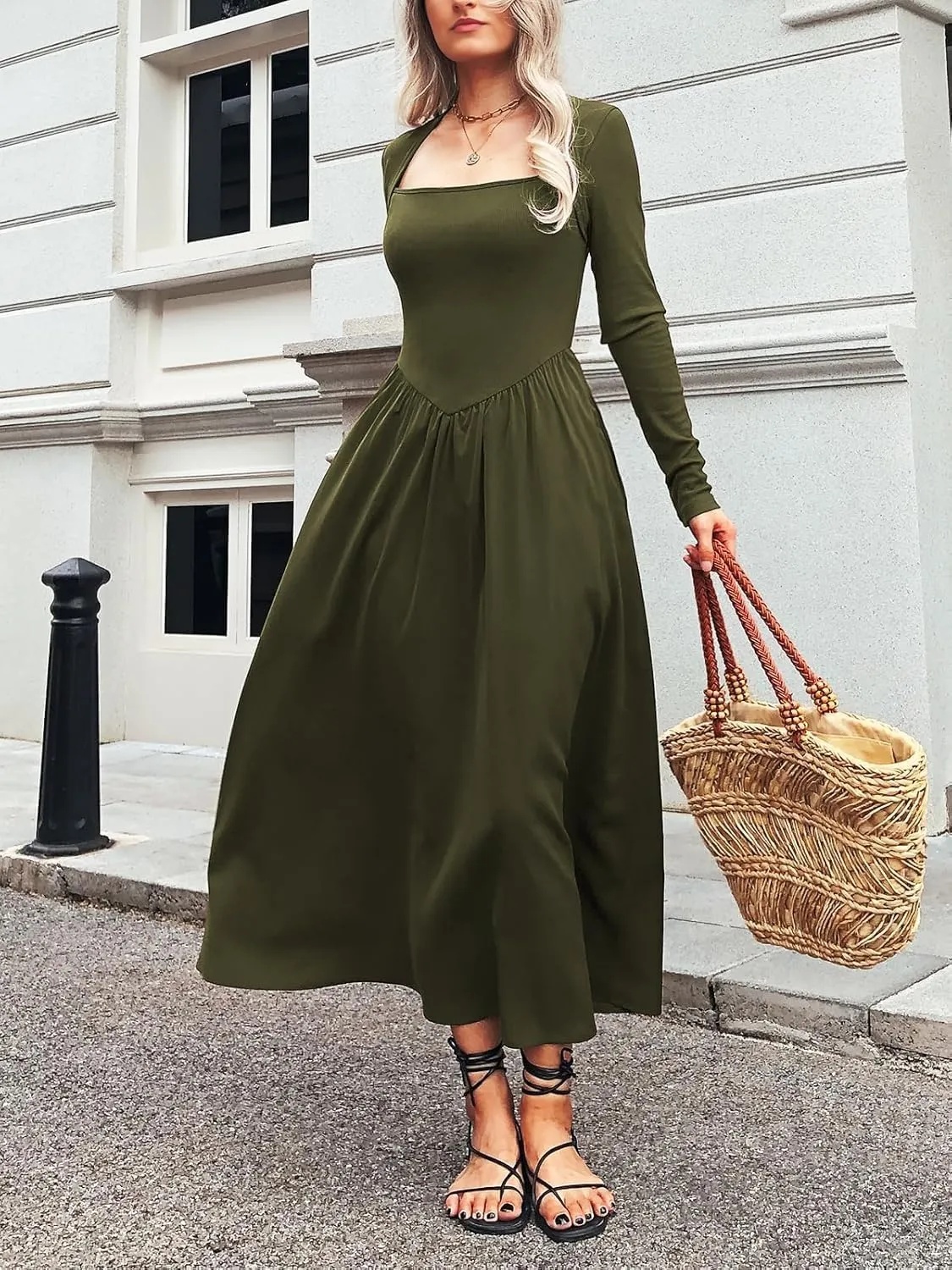 Women's Long Sleeve Maxi Dress Cotton Square Neck Casual Slim Solid Fall Winter Flowy Long Dresses with Pockets