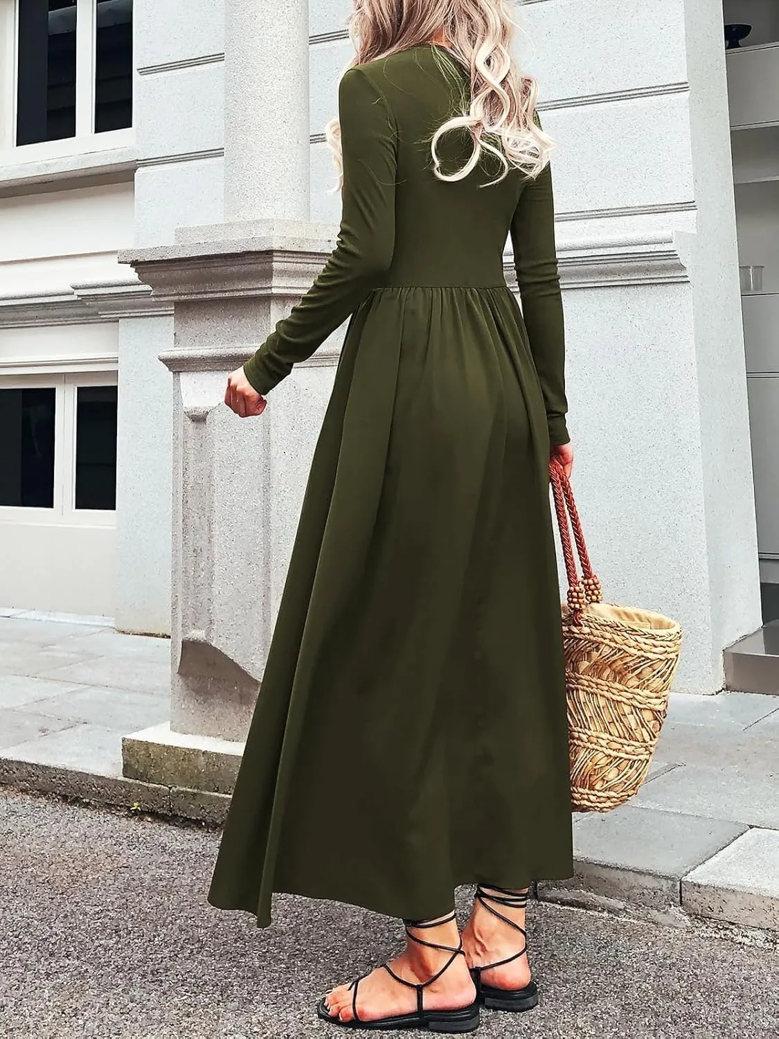 Women's Long Sleeve Maxi Dress Cotton Square Neck Casual Slim Solid Fall Winter Flowy Long Dresses with Pockets
