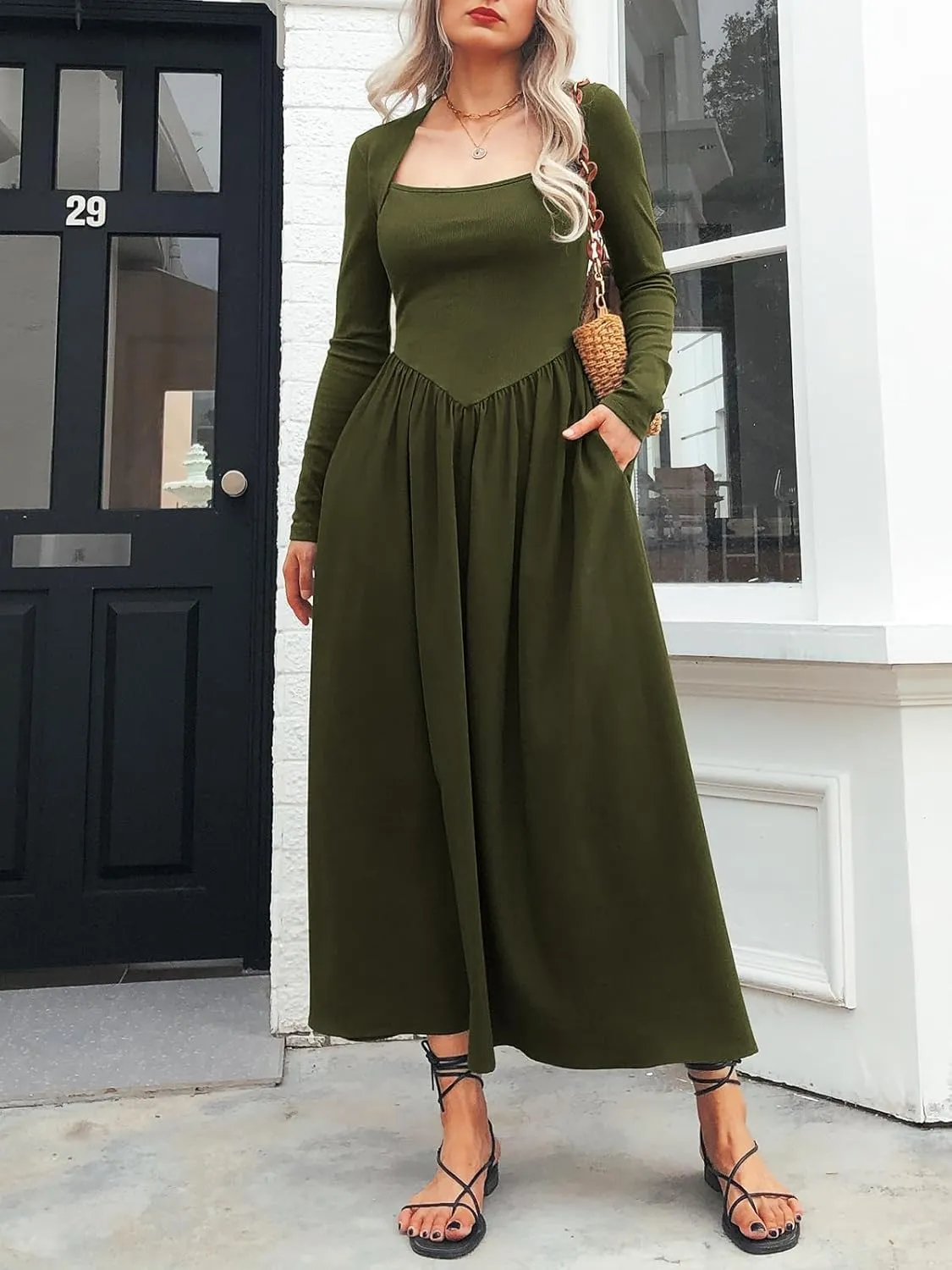 Women's Long Sleeve Maxi Dress Cotton Square Neck Casual Slim Solid Fall Winter Flowy Long Dresses with Pockets