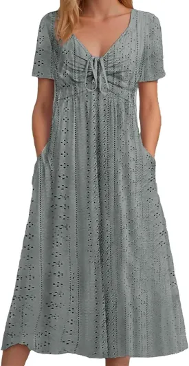 Work Dresses for Women 2025 Summer Lapel Short Sleeve Maxi Dress Casual Loose Plain Comfy Long Dresses with Pockets